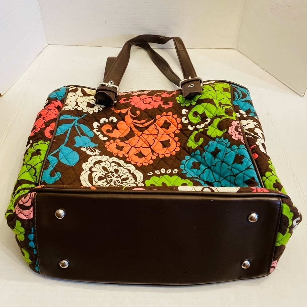 Vera Bradley Floral Quilted Brown LOLA Tote Purse Handbag Leather Straps Bottom - Picture 2 of 16